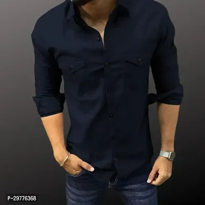 Stylish Navy Blue Cotton Solid Casual Shirt For Men-thumb0