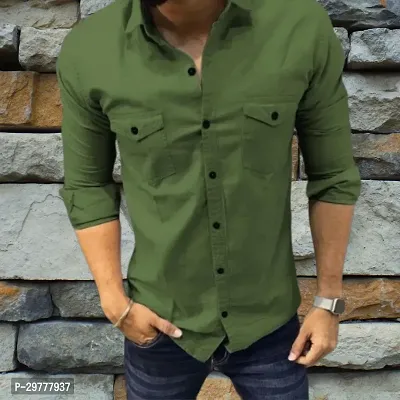 Reliable Green Cotton Solid Long Sleeves Casual Shirt For Men-thumb0