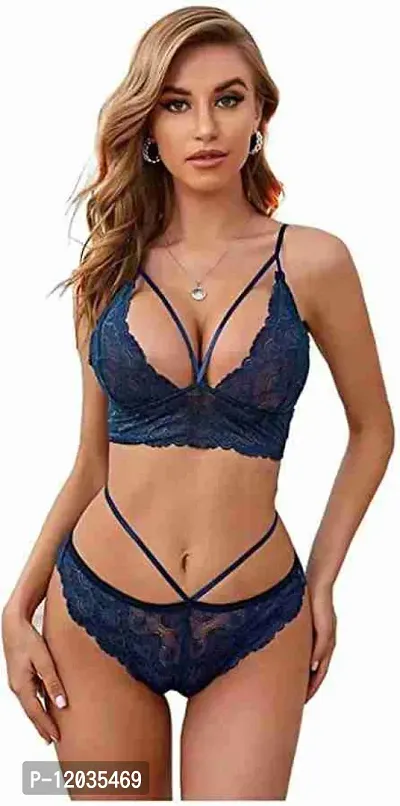 Stylish Navy Blue Self Pattern Bra And Panty Set For Women Pack Of 1