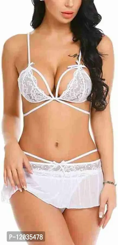 Stylish White Self Pattern Bra And Panty Set For Women Pack Of 1