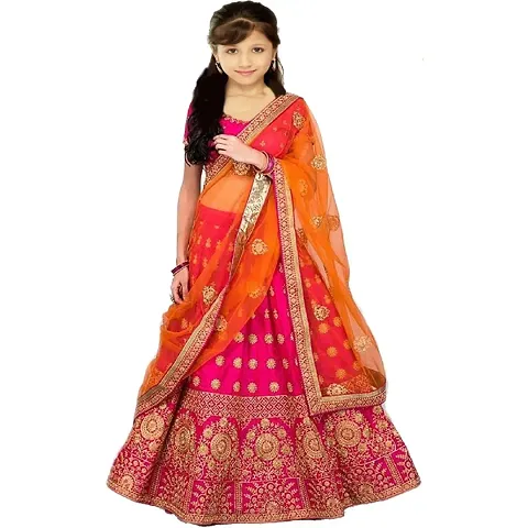 F Plus Fashion Girl's Banglory Satin Semi-Stitched Lehenga Choli (Pink,Orange 8-13 Years)