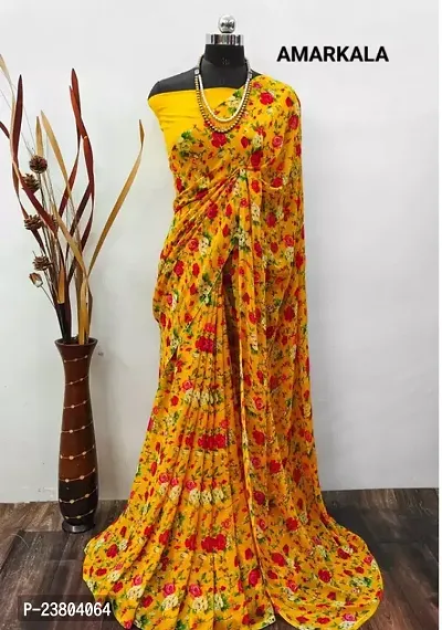 Stylish Georgette Yellow Printed Saree with Blouse piece-thumb0