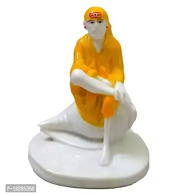 AllZon Saibaba Murti Sitting on Sankha Marble Yellow Color Idol Statue Showpiece for Home Pooja Room Reception Hall Decor - 5 Inch