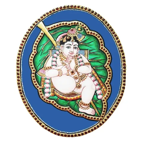 AllZon Oval Alilai Baby Krishna Acrylic Printed Tanjore Painting Brown Photo Frame - 10x12