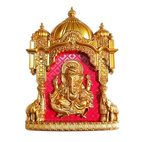 AllZon Ganesha 3D Embossed Golden with Red Color Wall Hanging with Mandir for Home Office Apartments - 12 * 9 Inch