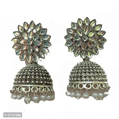 AllZon Flower Design big Jhumkha Earrings with white stone and pearls function wear for girls and women-thumb0