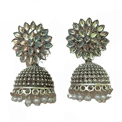 AllZon Flower Design big Jhumkha Earrings with stone and pearls function wear for girls and women