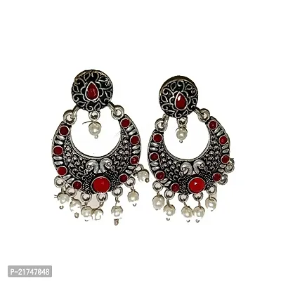 AllZon Peacock Oxidized Earrings with red stone and pearls function wear for girls and women-thumb0