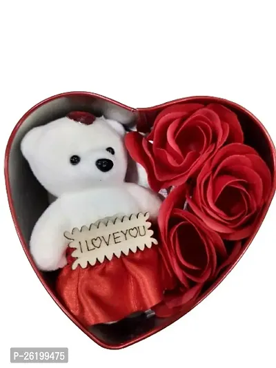 Stylish Artificial Red Rose Teddy Bear In Heart Shape Metal Gift Box Valentine Gifts