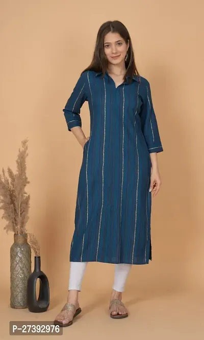 Stylish Navy Blue Rayon Striped Straight Kurti For Women-thumb0