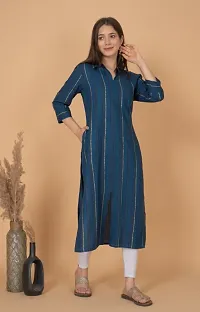 Stylish Navy Blue Rayon Striped Straight Kurti For Women-thumb2