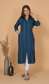 Stylish Navy Blue Rayon Striped Straight Kurti For Women-thumb4