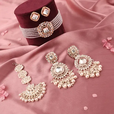 Combo Of 1 Choker Set With 2 Pair Of Earrings And Maang Tikka Set For Women.