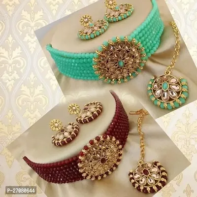 Stylish Golden Brass Diamond Necklace Set For Women, Pack Of 2