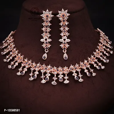 Pack of 1 Rose Gold Plated  American Diamond and Heavy Polished Diamond Choker Necklace set with 1 Pair of Earrings Jewellery Set