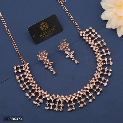 Pack of 1 Rose Gold Plated  American Diamond and Heavy Polished Diamond Choker Necklace set with 1 Pair of Earrings Jewellery Set-thumb0