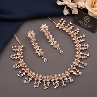 Pack of 1 Rose Gold Plated  American Diamond and Heavy Polished Diamond Choker Necklace set with 1 Pair of Earrings Jewellery Set-thumb2