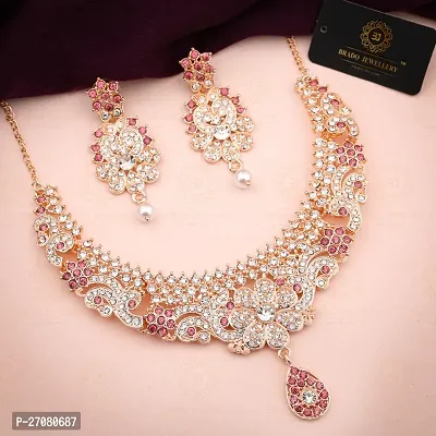 Stylish Pink Alloy American Diamond Necklace Set For Women, Pack Of 1-thumb0
