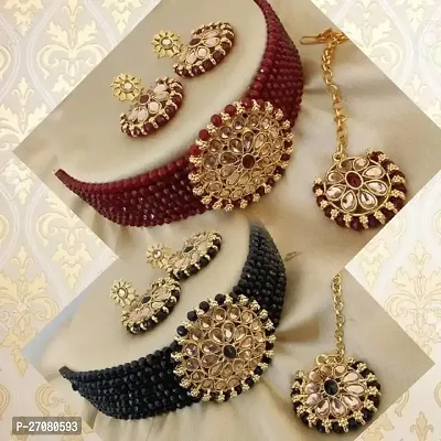 Stylish Golden Brass Diamond Necklace Set For Women, Pack Of 2
