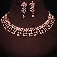 Pack of 1 Rose Gold Plated  American Diamond and Heavy Polished Diamond Choker Necklace set with 1 Pair of Earrings Jewellery Set-thumb1