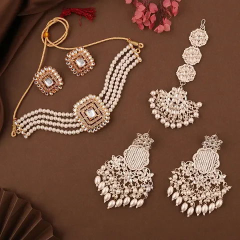 Combo Of 1 Choker Set With 2 Pair Of Earrings And Maang Tikka Set For Women.