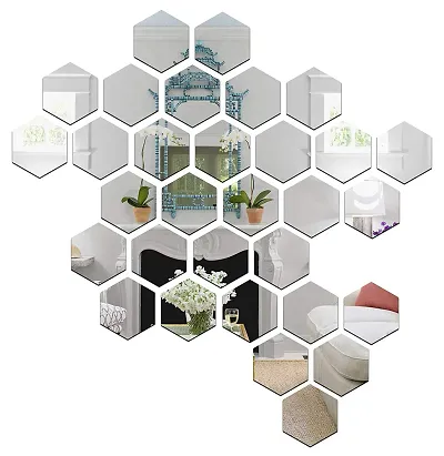 Spectro 31 Hexagon & 10 Butterflies Silver (Size 10.5 x 12 cm) Mirror Stickers for Wall, Hexagon Mirror Wall Stickers, Acrylic Mirror Sticker, Wall Stickers for Hall Room, Bed Room, Kitchen.