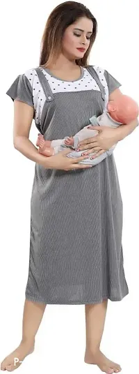 Elady Soft Hosiery Cotton Maternity Short Gown Nursing Feeding Short Nighty Pre and Post Pregnancy with Concealed Zip, Short Length Dots Print - Free Size. (Grey)-thumb0