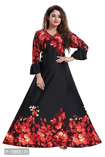 Elady Women's Printed Soft Hosiery Sarina Satin Nighty Maxi with Long Sleeve Full Length Nightwear Gown Nighty Sleepwear for Ladies Super Soft Comfortable Design. (Free Size, Red)