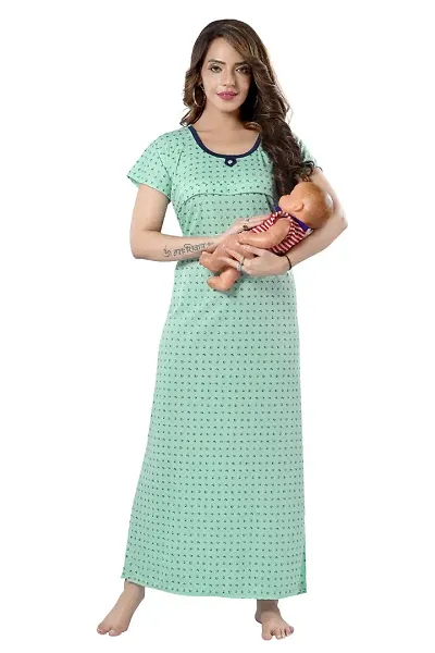 Elady Women Soft Hosiery Maternity Gown Nursing Feeding Nighty Pre and Post Pregnancy with Concealed Zip, Floral Design - Full Length - (Free Size, Green)