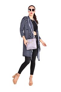 Elegant  Navy Blue Lycra Blended Striped Shrug For Women-thumb3