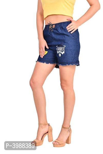 Fashionable Navy Blue Denim Printed Shorts For Women-thumb4