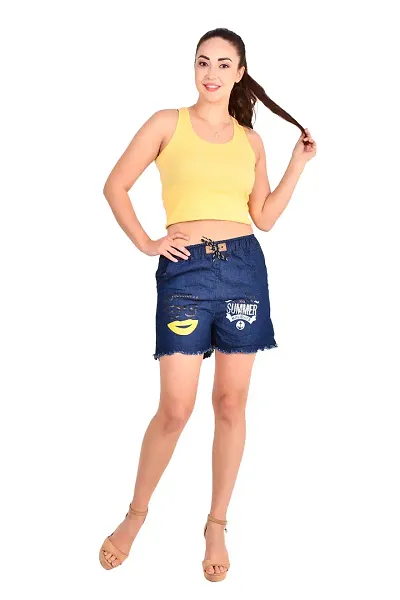 Fashionable Navy Blue Denim Printed Shorts For Women