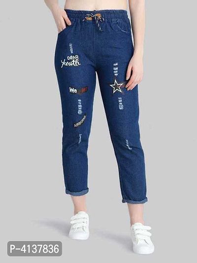 Solid Dark Blue Star Joggers for Women-thumb0