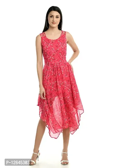 Shiva Trends Pink Flower Print Style High Low Dresses for Women Cacual Wear(Deny_101_L)