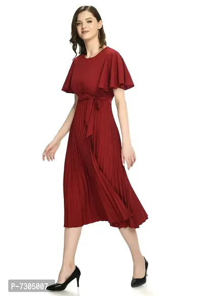 Elegant Polyester Maroon Pleated Short Sleeve Dresses For Women-thumb3