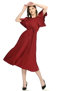Elegant Polyester Maroon Pleated Short Sleeve Dresses For Women-thumb1