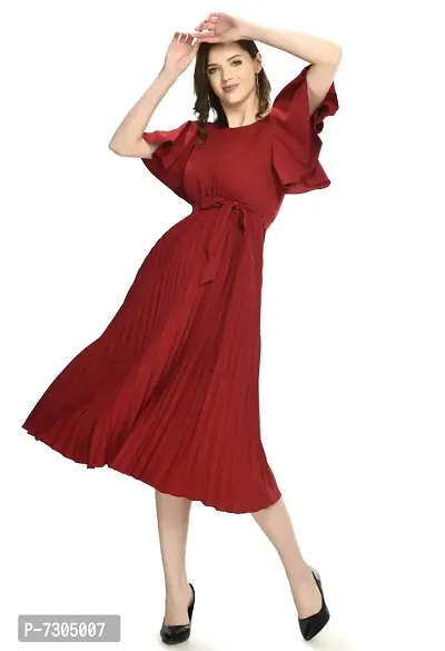 Elegant Polyester Maroon Pleated Short Sleeve Dresses For Women-thumb2