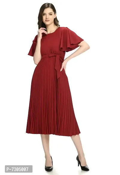 Elegant Polyester Maroon Pleated Short Sleeve Dresses For Women-thumb0