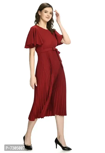 Elegant Polyester Maroon Pleated Short Sleeve Dresses For Women-thumb4