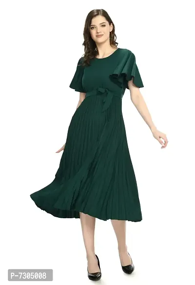 Alluring Polyester Green Pleated Short Sleeve Dresses For Women