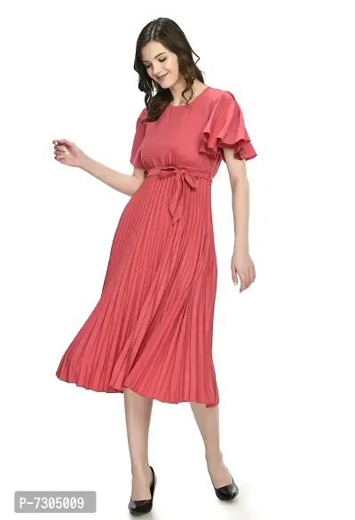 Elite Polyester Coral Pleated Short Sleeve Dress For Women