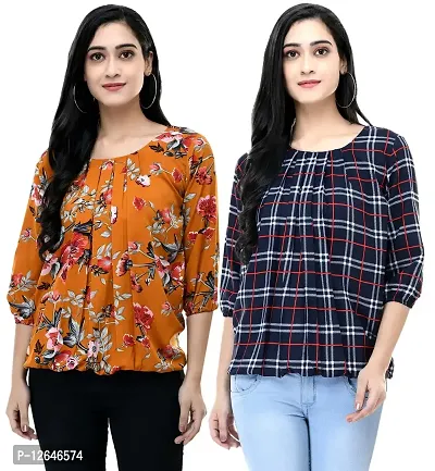 Shiva Trends Women's Printed 3/4 Sleeve Round Neck Orange and Light Blue Small Size Pack of 2 Top-thumb0