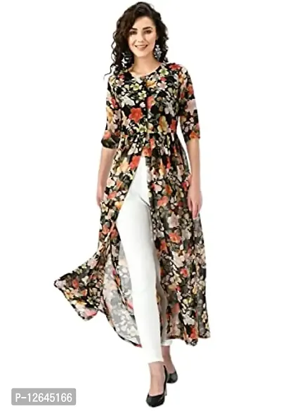 Shiva Trends Womens Georgette Printed Round Neck A-Line Front Open Dress