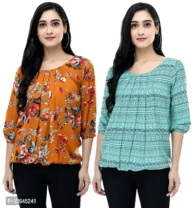 Shiva Trends Women's Printed Blue and Orange Medium Size Pack of 2 Top