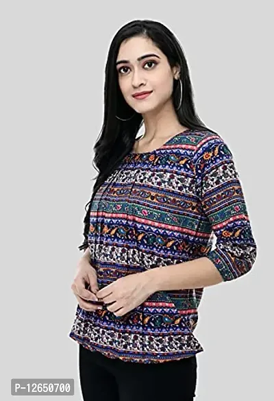 Shiva Trends Women's Printed 3/4 Sleeve Round Neck Blue and Multicolor Small Size Pack of 2 Top-thumb5