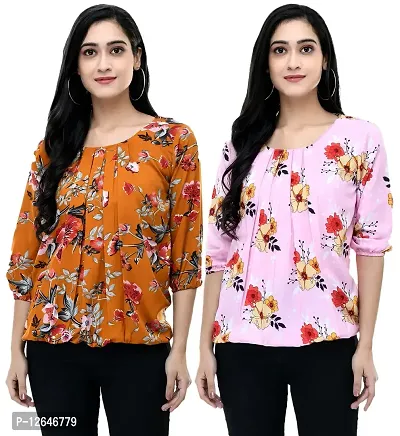 Shiva Trends Women's Printed 3/4 Sleeve Round Neck Pink and Orange Small Size Pack of 2 Top