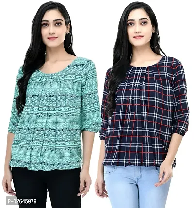 Shiva Trends Women's Printed 3/4 Sleeve Round Neck Multi Blue Shades Small Size Pack of 2 Top