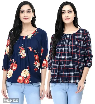 Shiva Trends Women's Printed 3/4 Sleeve Round Neck Maroon and Blue Small Size Pack of 2 Top-thumb0