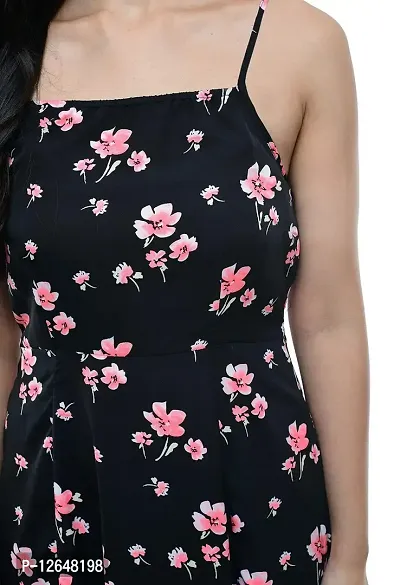 Shiva Trends Women's Floral Print Shoulder -Strap Casual Dress Black-thumb5