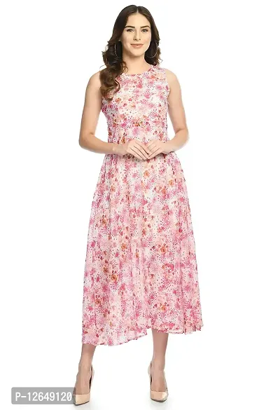 Shiva Trends Womens Georgette Pink Floral Print Maxi Dress-SV-145-DRS-PINK-S